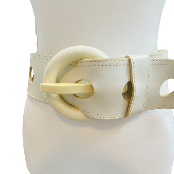 MINORONZONI Italian White Wide Leather Belt size Large Oversized Buckle Vintage - Picture 2 of 10